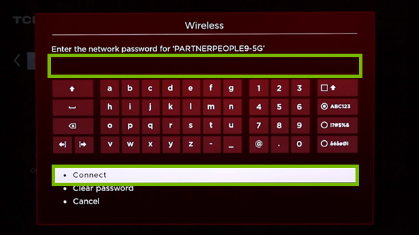 Wi-Fi password entry screen with entry field and Connect option highlighted.