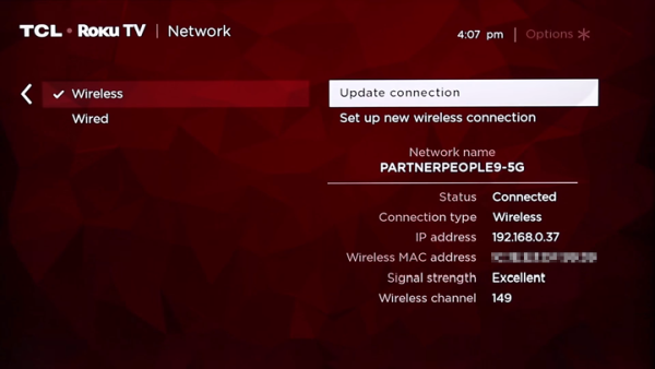Wireless connection status screen.