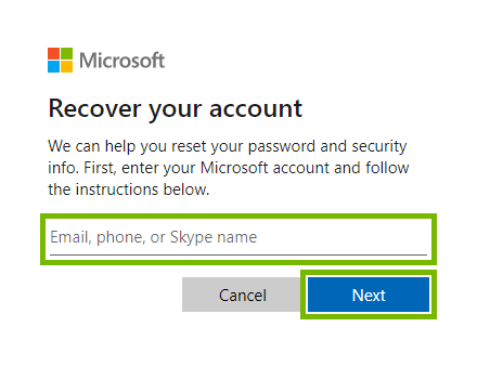 Account entry field and Next button highlighted for account recovery on Microsoft web page.