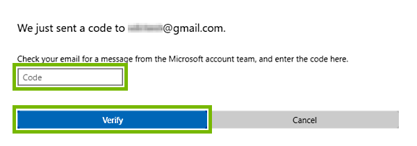 Security code entry field highlighted for account recovery on Microsoft web page.