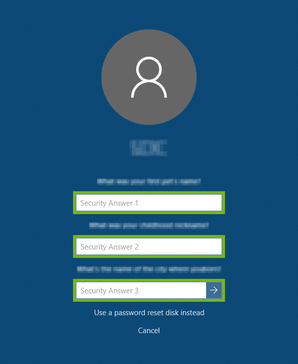 Security answers fields highlighted for password reset on Sign-in screen on Windows 10.