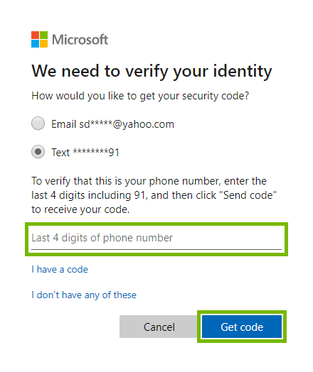 Entry field for last 4 digits of phone number and Get code button highlighted for identity verification on Microsoft web page.