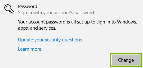 Change button highlighted for Password option in Windows 10 Sign-in options.
