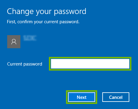 Current password field and Next button highlighted for local account password confirmation in Windows 10.