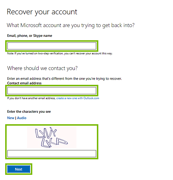 Microsoft account, contact email address and captcha image and entry fields highlighted for account recovery on Microsoft web page.