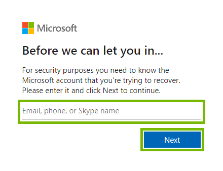 Account entry field and Next button highlighted for account confirmation on Microsoft web page.