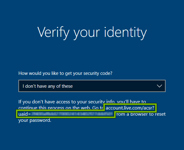 Microsoft account recovery website link highlighted for identity verification on Windows 10 Sign-in screen.