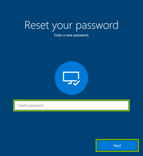 Create password field highlighted for password reset on Windows 10 Sign-in screen.