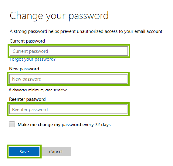 Current, new and reenter password entry fields, and Save button highlighted for changing password on Microsoft web page.