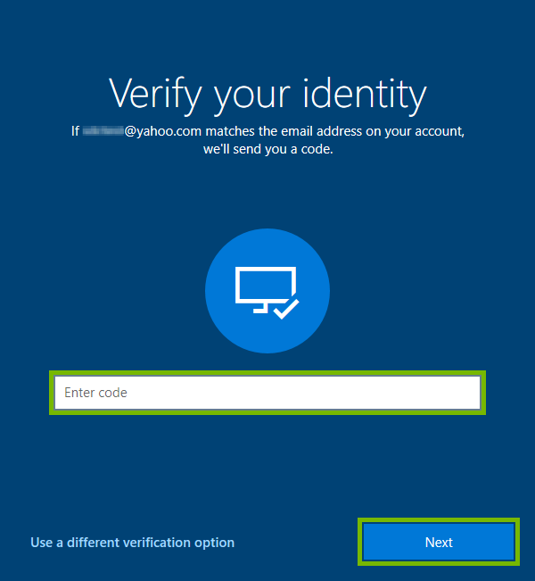 Security code entry field and Get code button highlighted for identity verification on Windows 10 Sign-in screen.