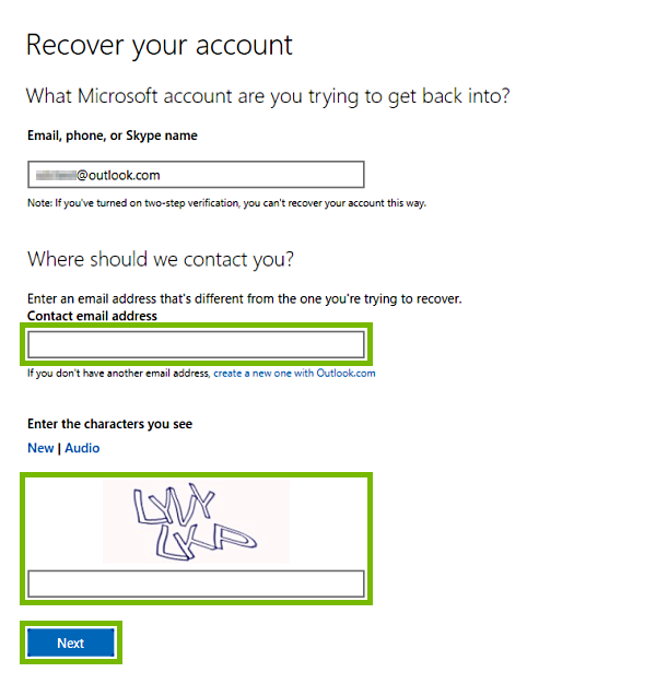 Contact email address and captcha image and entry fields highlighted for account recovery on Microsoft web page.