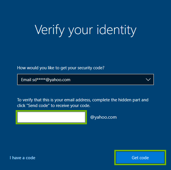 Email entry field and Get code button highlighted for identity verification on Windows 10 Sign-in screen.