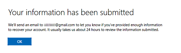 Confirmation message that account recovery information was submitted on Microsoft web page.