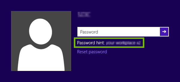 Password hint highlighted on Sign-in screen on Windows 8.