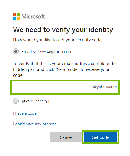 Email entry field and Get code button highlighted for identity verification on Microsoft web page.