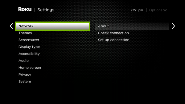 Network option highlighted in Roku settings.