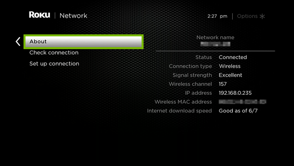 About option highlighted in Roku network settings.
