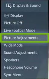 Display and Sound menu with Picture Adjustments highlighted.