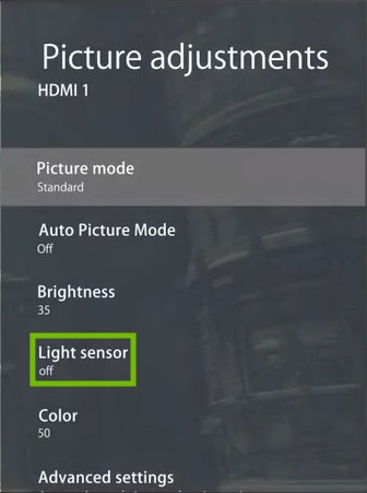 Picture adjustments menu with Light sensor highlighted.