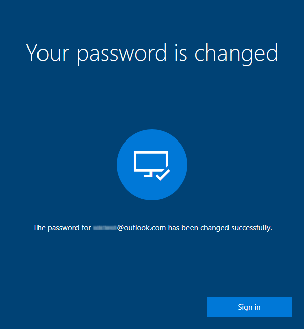 Password charge confirmation on Windows 10 Sign-in screen.