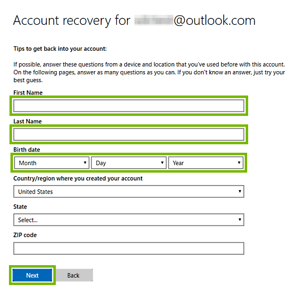First and Last Name, Birth Date entry fields, and Next button highlighted for account recovery on Microsoft web page.