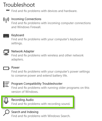 Windows 10 Troubleshooter list with recording audio highlighted.