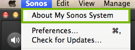 Sonos menu bar and the about my sonos system selection