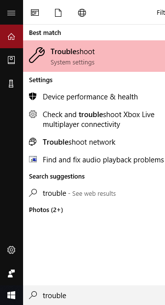 Windows 10 search results for Troubleshoot.