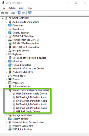 Windows 10 device manager showing sound devices expanded