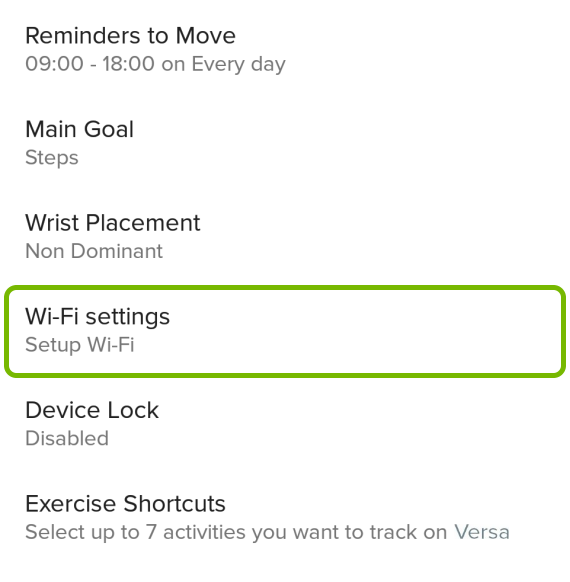 WiFi Settings highlighted in Versa options of Fitbit app.