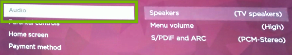 Audio option highlighted in Roku TV settings.