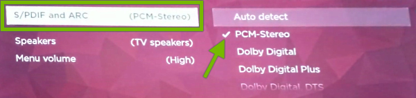 S/PDIF and ARC option highlighted in Roku TV audio settings and arrow pointing at check mark next to selected option.