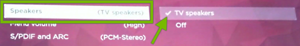 Speakers option highlighted in Roku TV audio settings and arrow pointing at check mark next to selected option.