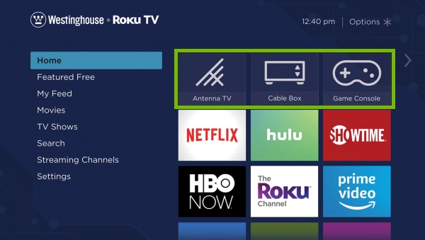 TV sources highlighted on Westinghouse Roku TV screen.