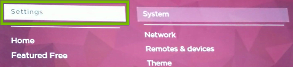 Settings option highlighted in Roku TV menu.