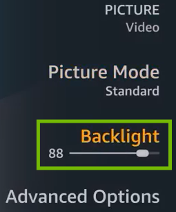 Picture menu with Backlight highlighted.
