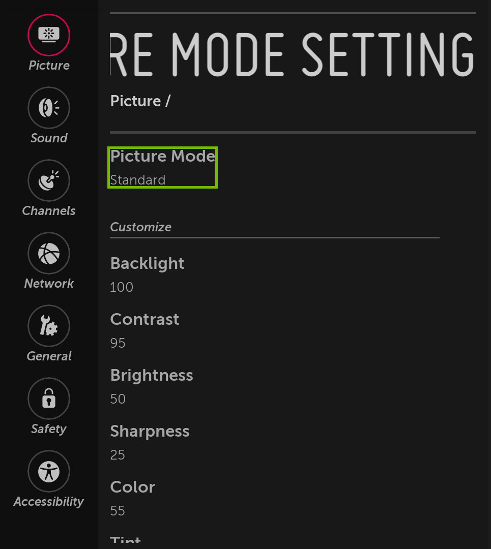 Picture Mode Settings menu with Picture Mode highlighted.