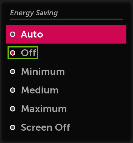 Energy Saver dialog with Off highlighted.