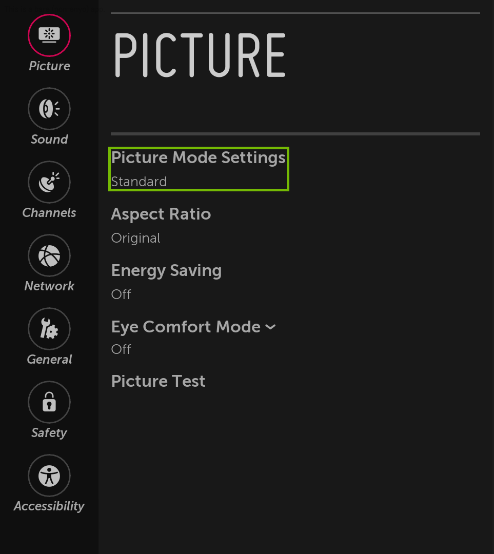 Picture menu with Picture Mode Settings highlighted.