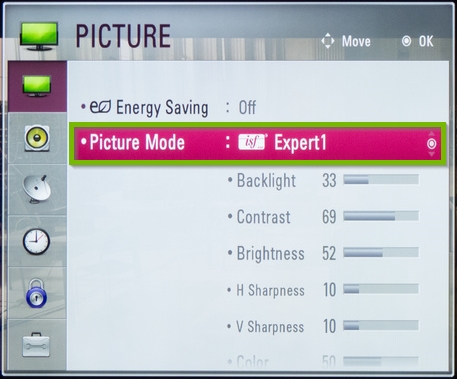 LG Netcast picture menu with picture mode option highlighted.