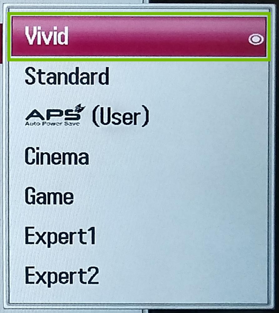 Picture Mode dialog with Vivid highlighted.