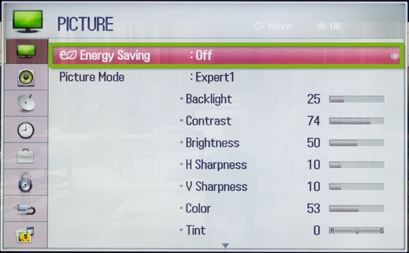 LG Netcast picture menu highlighting the energy saving option.