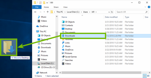 Windows Explorer showing dragging and dropping a folder to desktop.