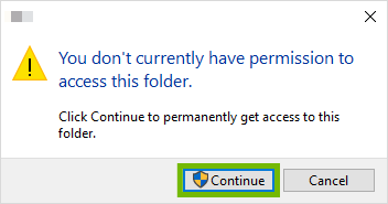 Permissions dialog with Continue highlighted.