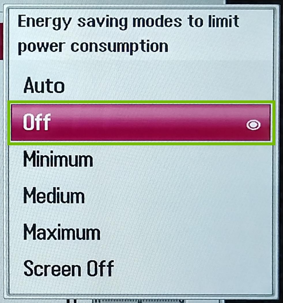 Energy Saving dialog with Off highlighted.