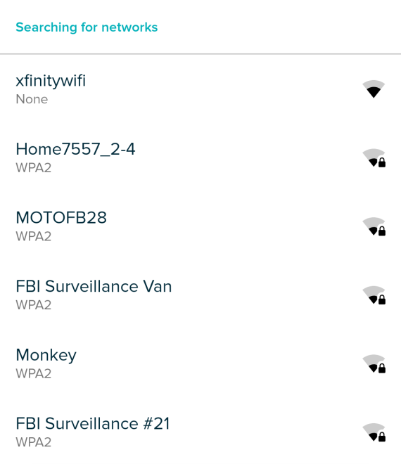 WiFi network list showing in Fitbit app.