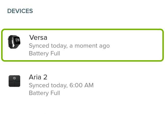 Versa highlighted in Account settings of Fitbit app.