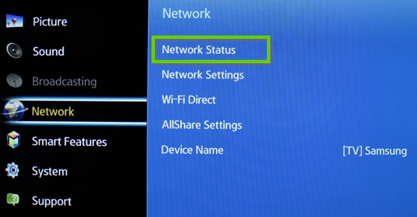 Samsung network menu showing network status selected