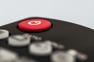 Closeup of remote control with power button