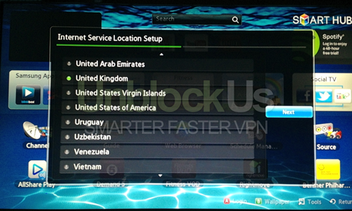 Samsung Smart Hub Internet Service Location setup list.